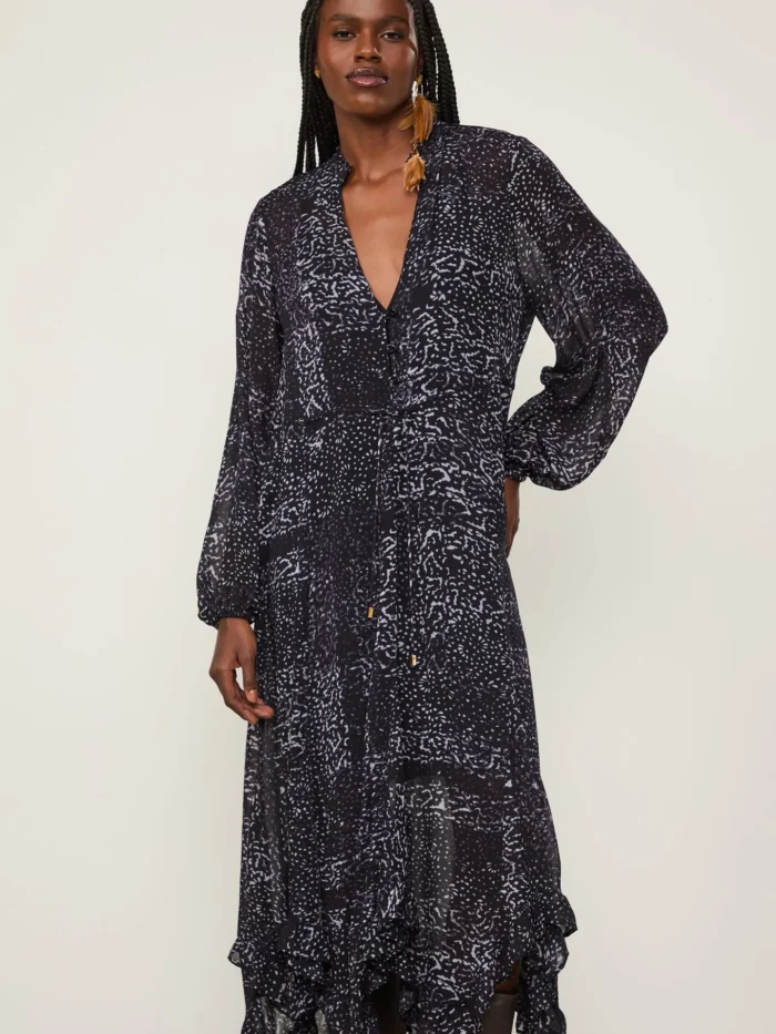 VESTIDO DE GEORGETTE LEVE MIDI MANGA LONGA ESTAMPADO DECOTE V - ANIMALE
