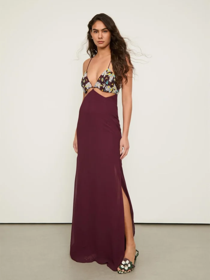 Vestido De Gerogette Midi Alcinha Vinho Busto Bordado
