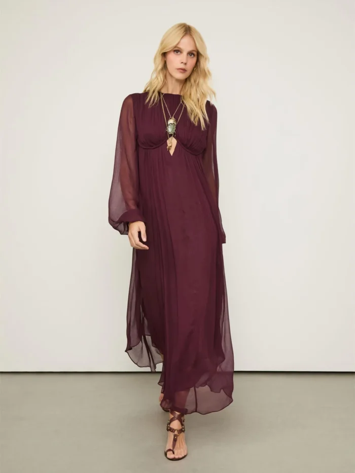 Vestido De Chiffon Midi Manga Longa Vinho Abertura No Busto