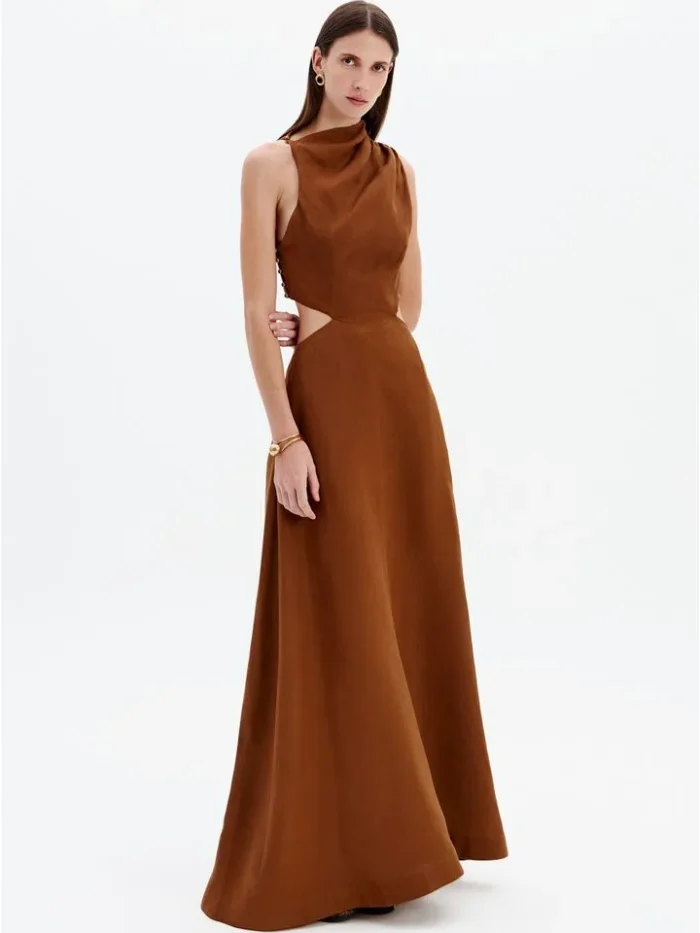 Vestido Super Midi Sem Mangas De Linho - MARROM