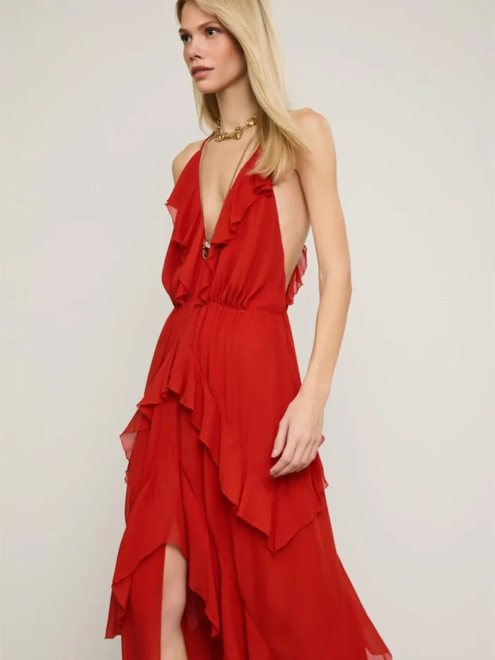 Vestido De Georgette Midi Alcinha Vermelho Babados