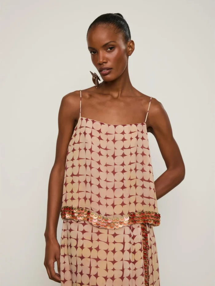 Top De Georgette Cropped Estampado Barra Bordada